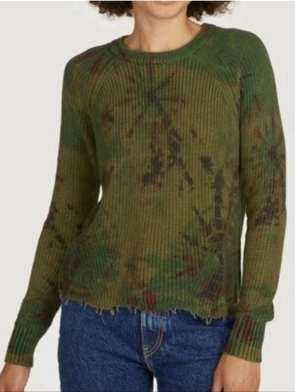 Cotton by Autumn Cashmere Green Tie Dye Scallop Edge Shaker Crew Size XS.